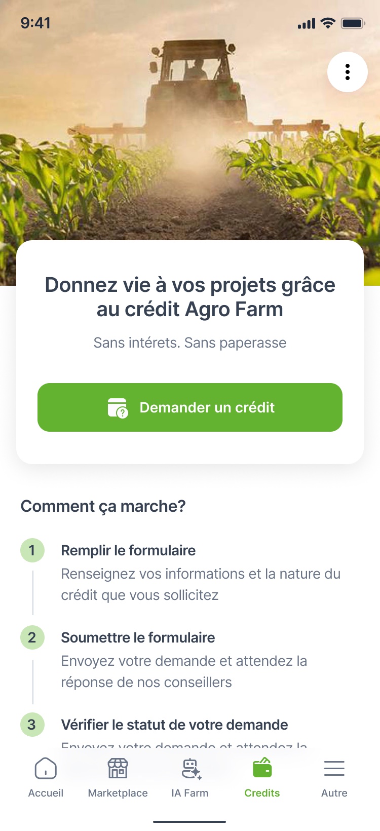 Écran de demande de crédit Agro Farm dans l'application Gajo Livestock